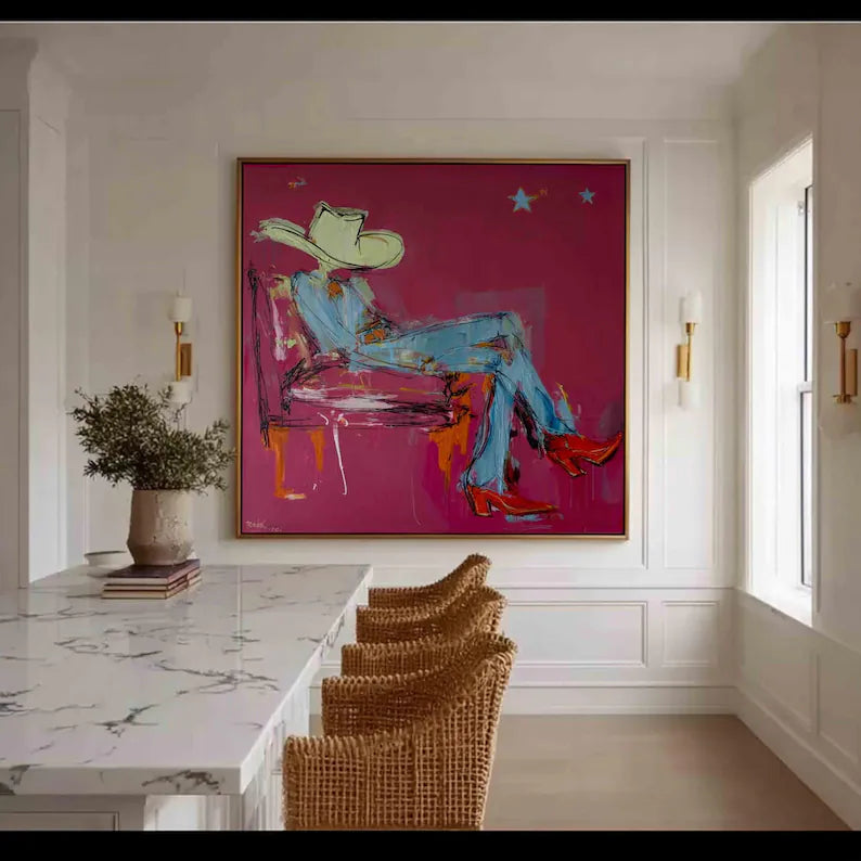 Original Cowgirl Oil Painting - Modern Western Glam Art & Trendy Bar Cart Decor Canvas