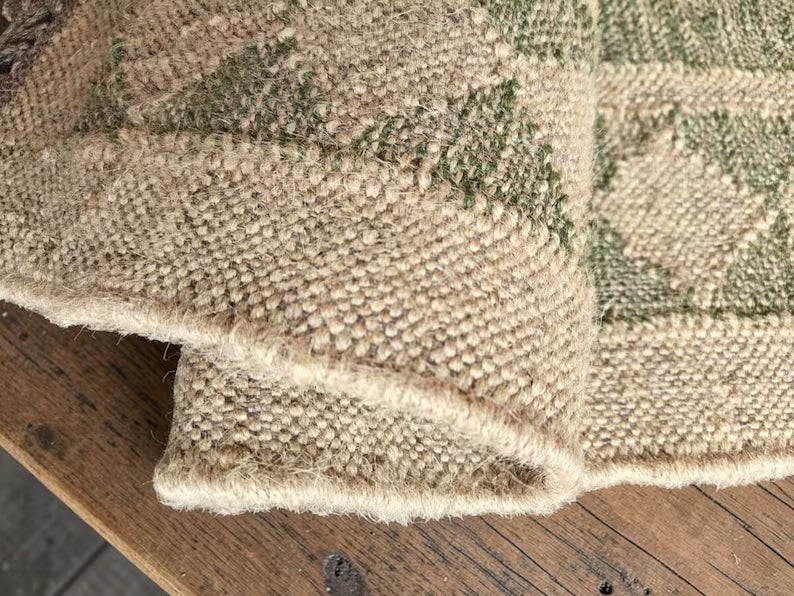 Natural Jute Area Rug: Handwoven Green Boho Farmhouse Custom Kilim Carpet