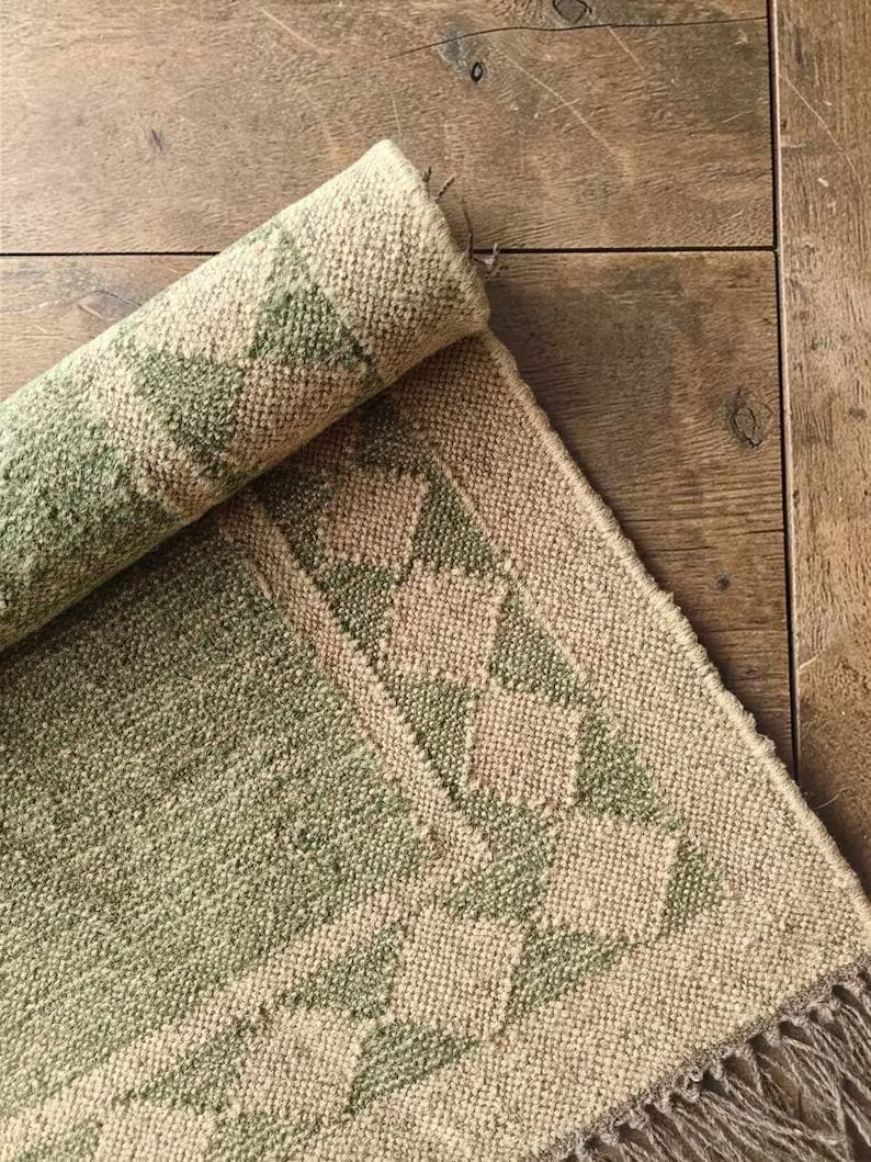 Natural Jute Area Rug: Handwoven Green Boho Farmhouse Custom Kilim Carpet