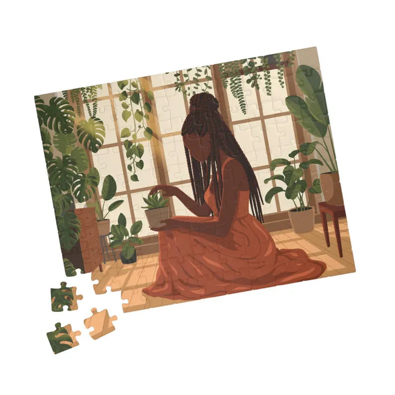 African American Plant Lady Puzzle - Black Woman with Houseplants Jigsaw Puzzle & Botanical Art Decor