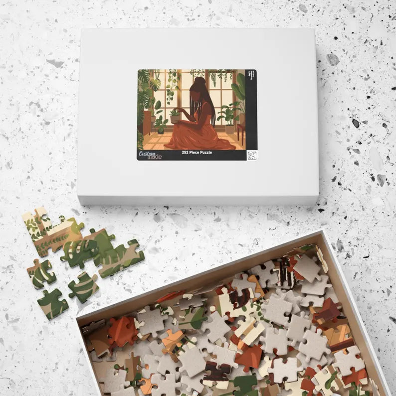 African American Plant Lady Puzzle - Black Woman with Houseplants Jigsaw Puzzle & Botanical Art Decor