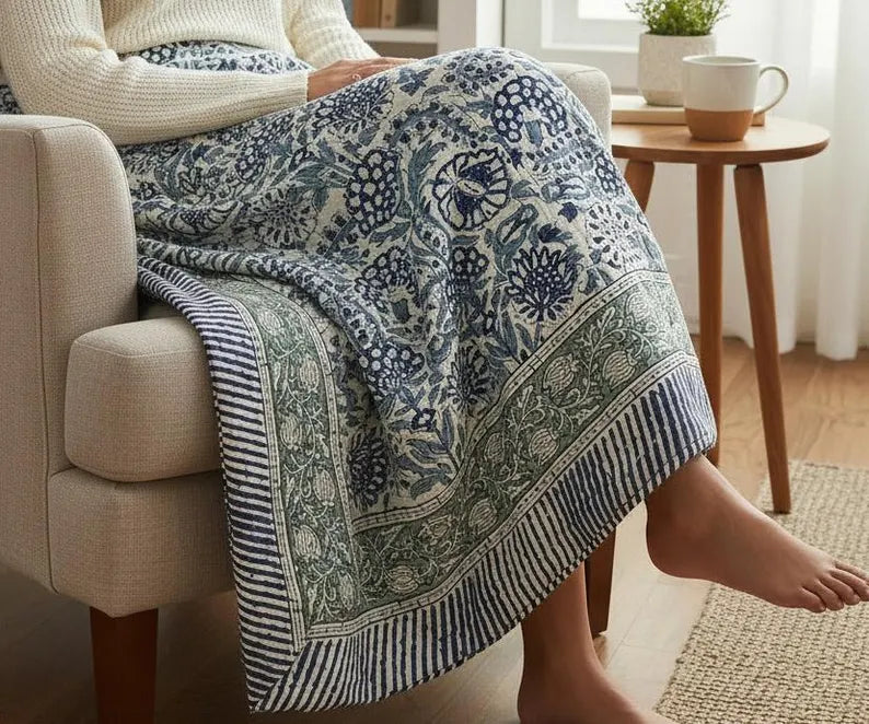 Quilted Bed Runner: Hand Block Print Blue & White Indian Cotton Kantha Bedspread