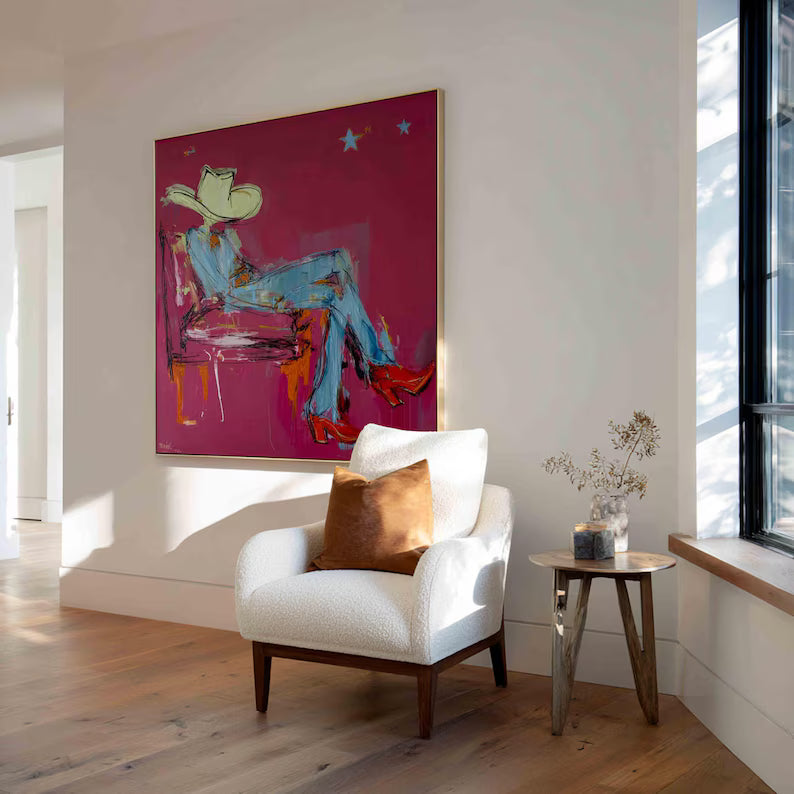 Original Cowgirl Oil Painting - Modern Western Glam Art & Trendy Bar Cart Decor Canvas