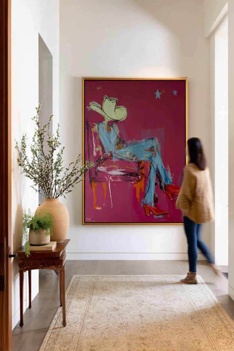 Original Cowgirl Oil Painting - Modern Western Glam Art & Trendy Bar Cart Decor Canvas