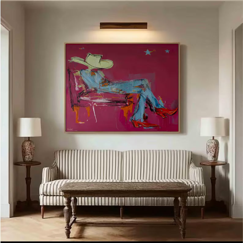 Original Cowgirl Oil Painting - Modern Western Glam Art & Trendy Bar Cart Decor Canvas