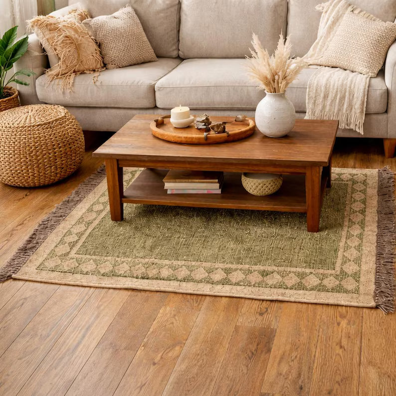 Natural Jute Area Rug: Handwoven Green Boho Farmhouse Custom Kilim Carpet