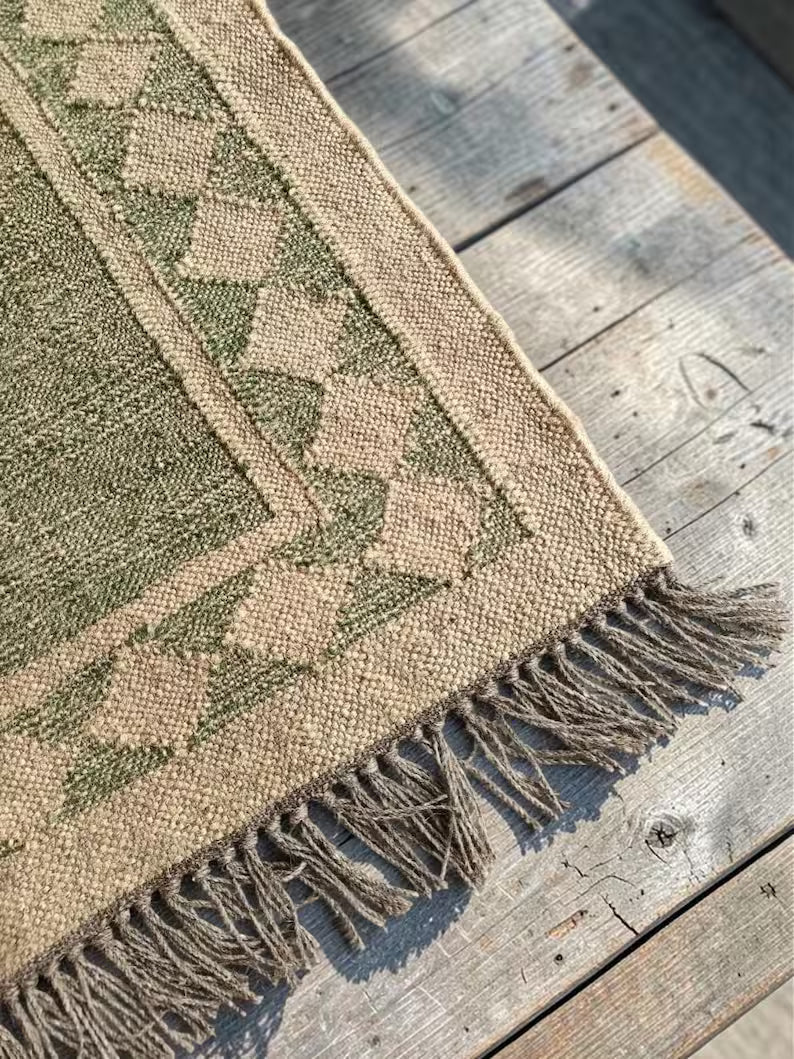 Natural Jute Area Rug: Handwoven Green Boho Farmhouse Custom Kilim Carpet