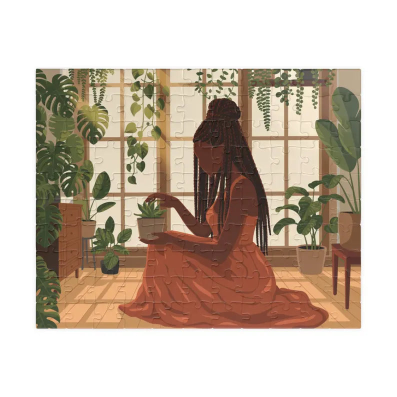 African American Plant Lady Puzzle - Black Woman with Houseplants Jigsaw Puzzle & Botanical Art Decor