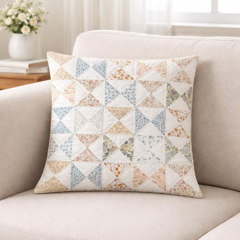Quilted Pillow Case: Vintage Calico Floral & Pinwheel Patchwork Cotton Pillow Cover