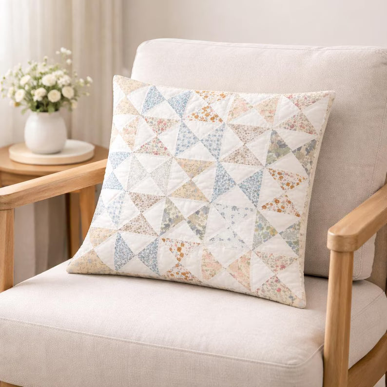 Quilted Pillow Case: Vintage Calico Floral & Pinwheel Patchwork Cotton Pillow Cover