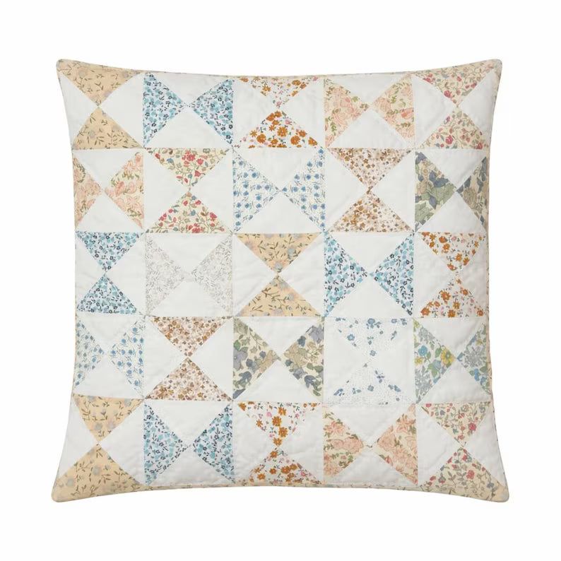 Quilted Pillow Case: Vintage Calico Floral & Pinwheel Patchwork Cotton Pillow Cover