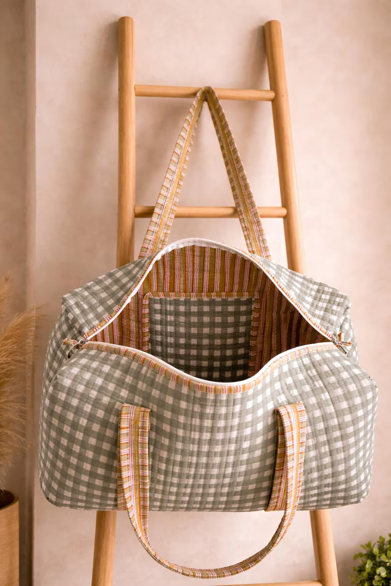 Quilted Duffle Bag: Green Gingham Cottagecore Weekender Travel Tote