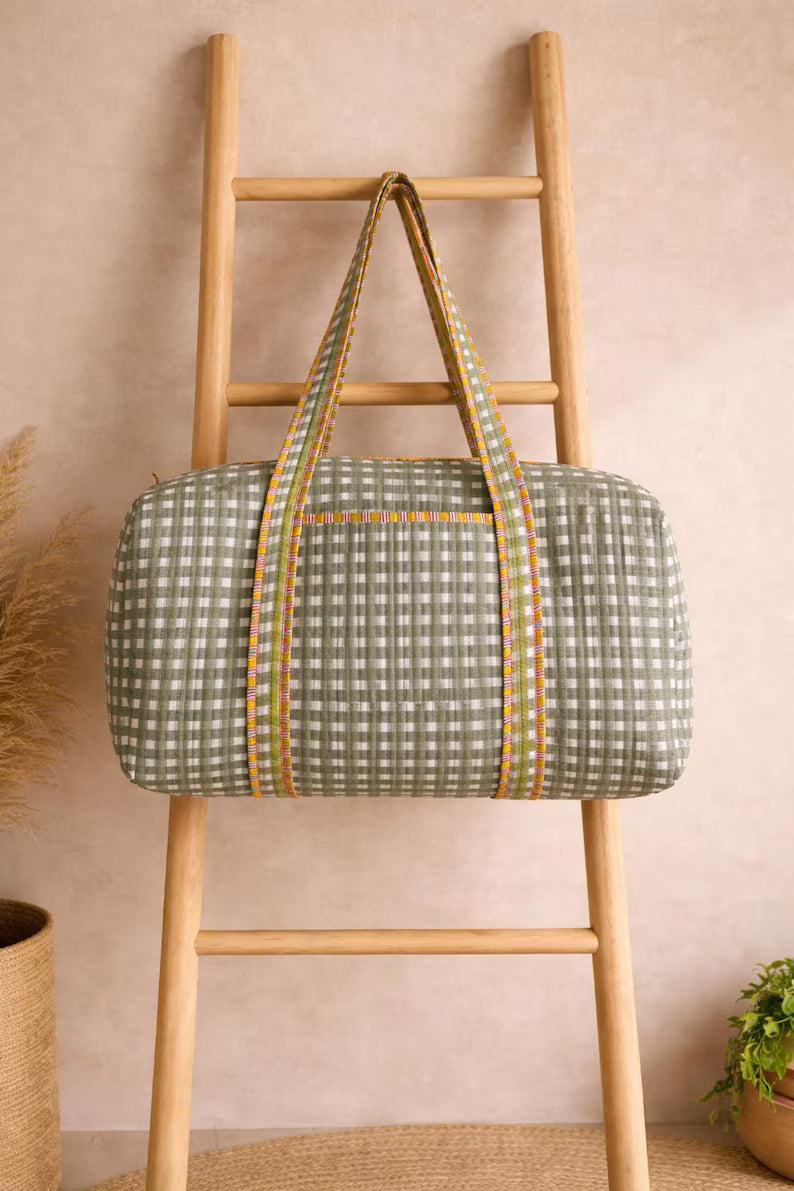 Quilted Duffle Bag: Green Gingham Cottagecore Weekender Travel Tote