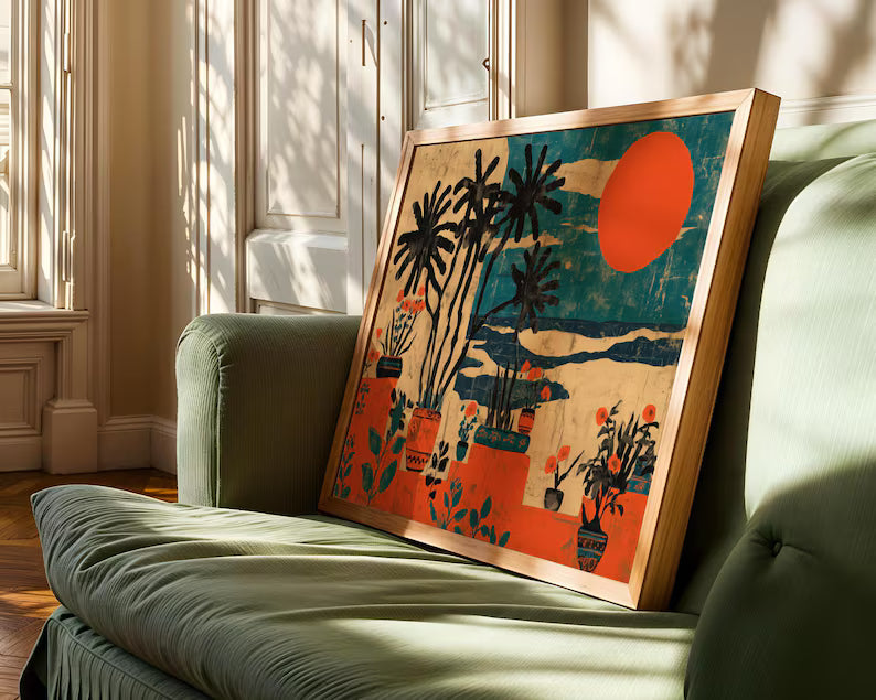 Mexican Coastal Sunset Art Print - Botanical Boho Style Wall Art & Teal Orange Modern Folk Decor