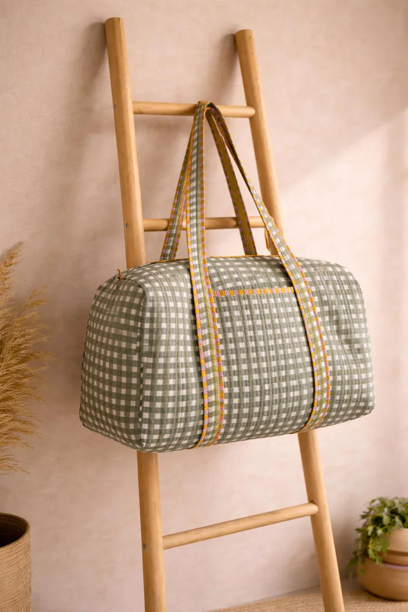 Quilted Duffle Bag: Green Gingham Cottagecore Weekender Travel Tote