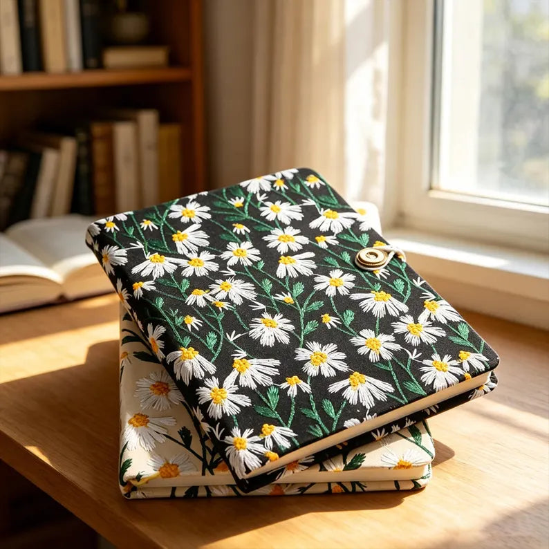 Embroidered Daisy Notebook Fabric Cover & Coconut Button