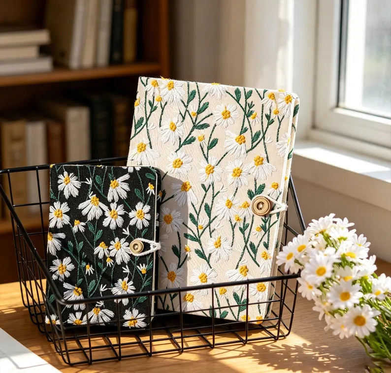 Embroidered Daisy Notebook Fabric Cover & Coconut Button