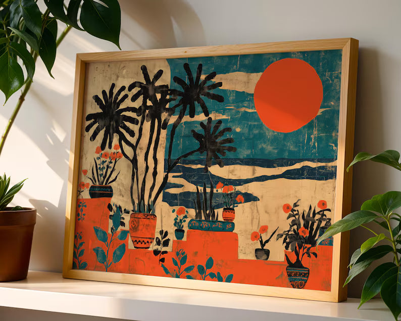 Mexican Coastal Sunset Art Print - Botanical Boho Style Wall Art & Teal Orange Modern Folk Decor