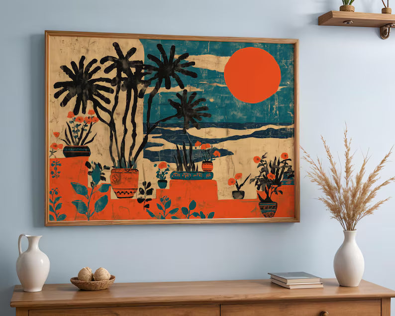 Mexican Coastal Sunset Art Print - Botanical Boho Style Wall Art & Teal Orange Modern Folk Decor