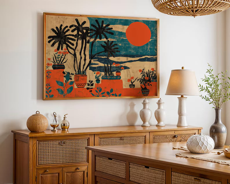 Mexican Coastal Sunset Art Print - Botanical Boho Style Wall Art & Teal Orange Modern Folk Decor