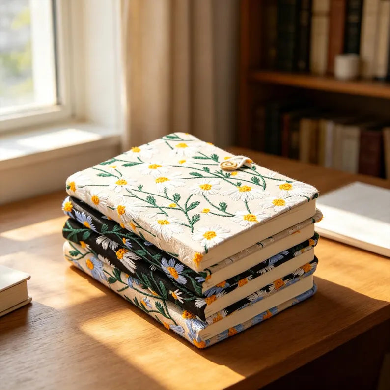 Embroidered Daisy Notebook Fabric Cover & Coconut Button