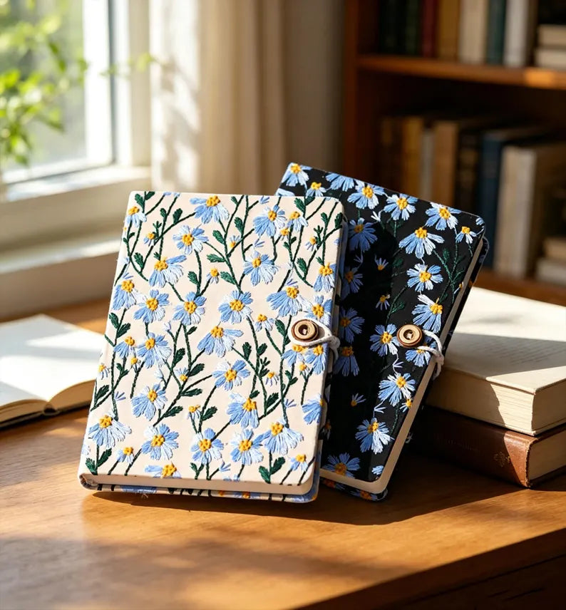 Embroidered Daisy Notebook Fabric Cover & Coconut Button