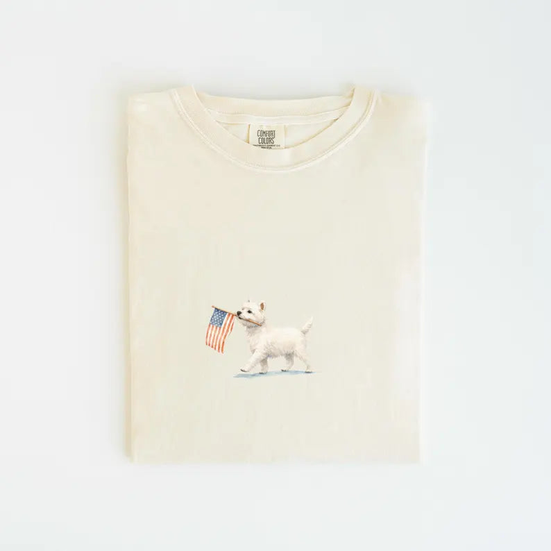 T-shirt with American flag print for Westie dog lovers.