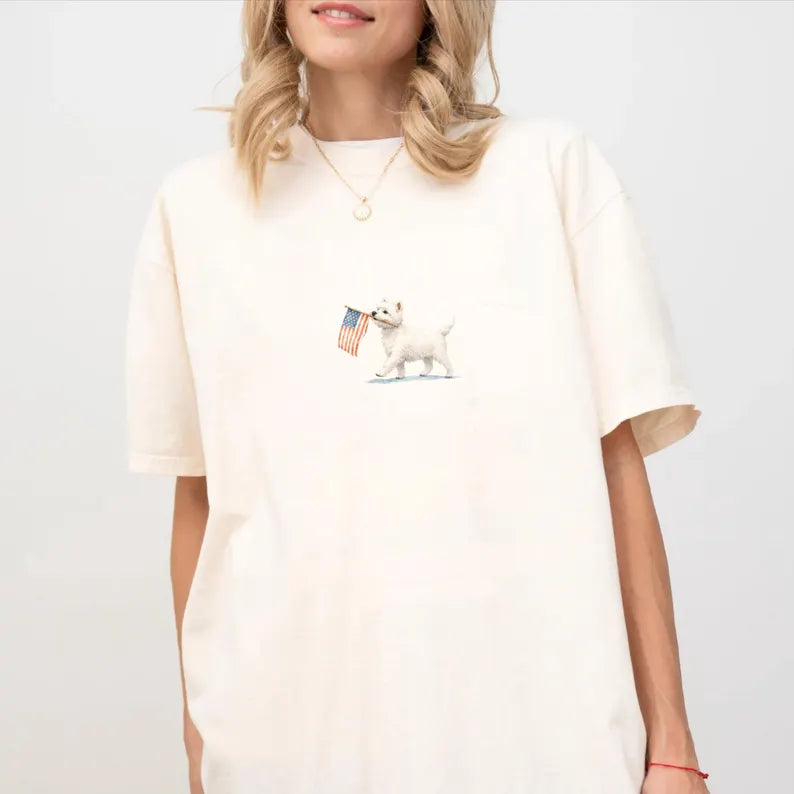 T-shirt with American flag print for Westie dog lovers.
