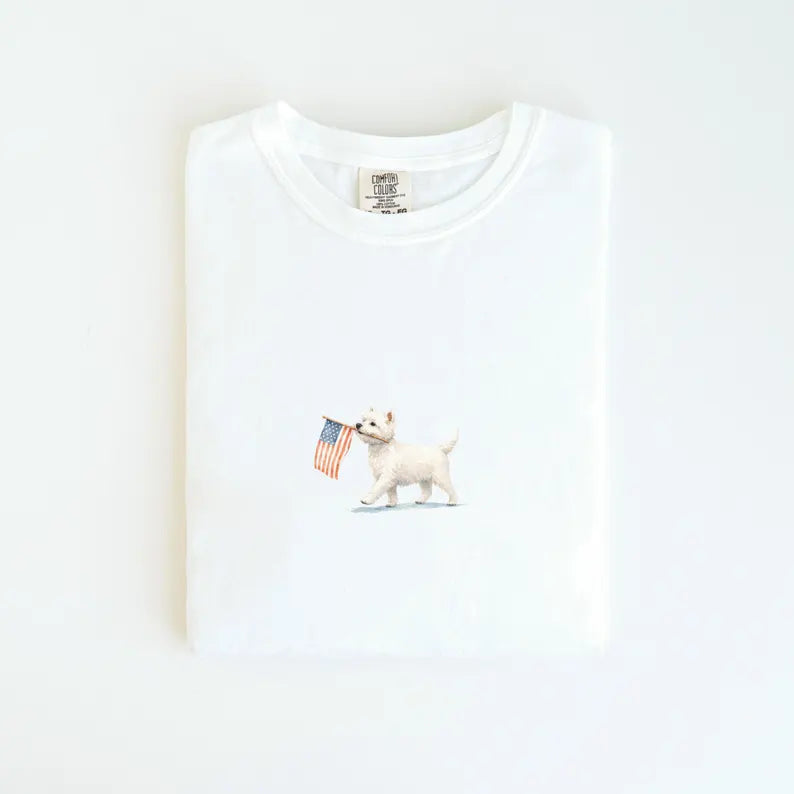 T-shirt with American flag print for Westie dog lovers.