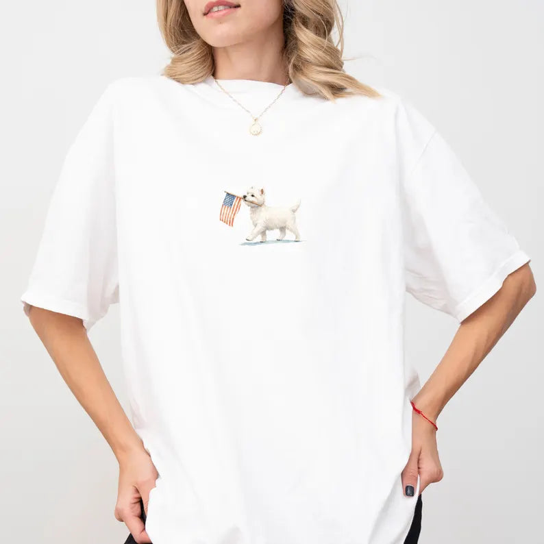T-shirt with American flag print for Westie dog lovers.