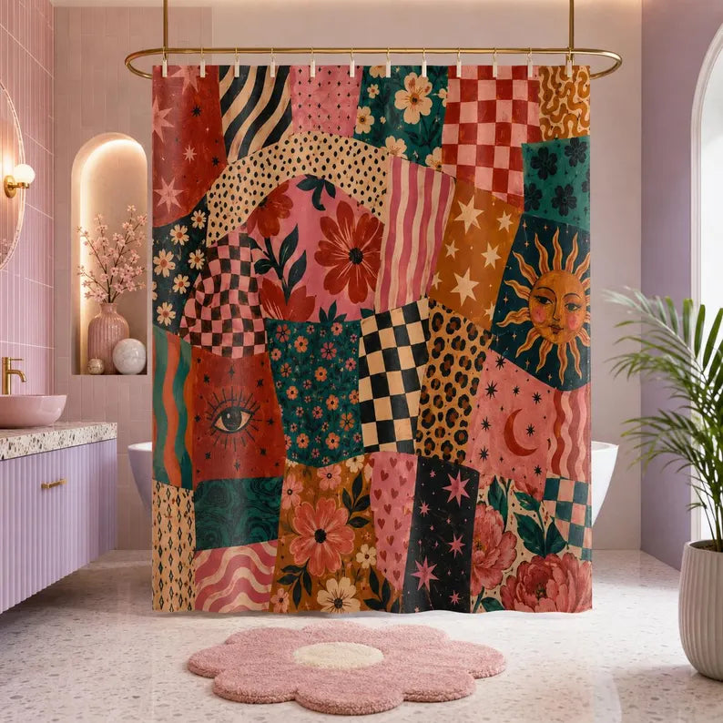 Maximalist Patchwork Shower Curtain - Eclectic Floral Checker Funky Bath Decor