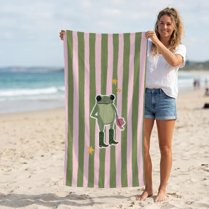 Cute Frog Beach Towel - Personalized Pool Towel with Pink & Green Stripes & Custom Printed Gift for Girls