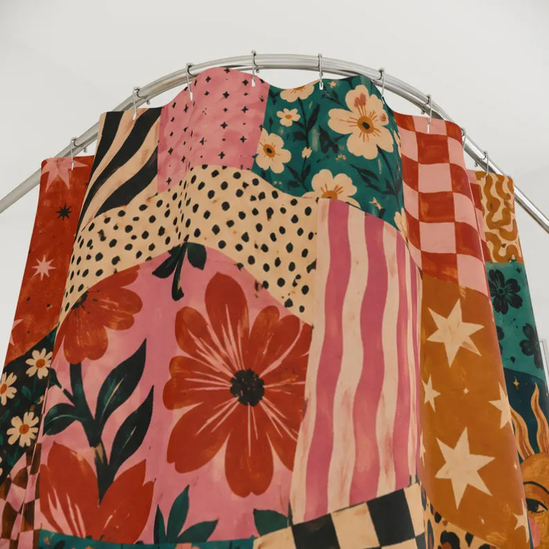 Maximalist Patchwork Shower Curtain - Eclectic Floral Checker Funky Bath Decor