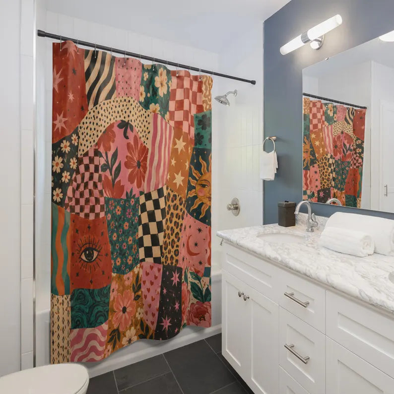 Maximalist Patchwork Shower Curtain - Eclectic Floral Checker Funky Bath Decor