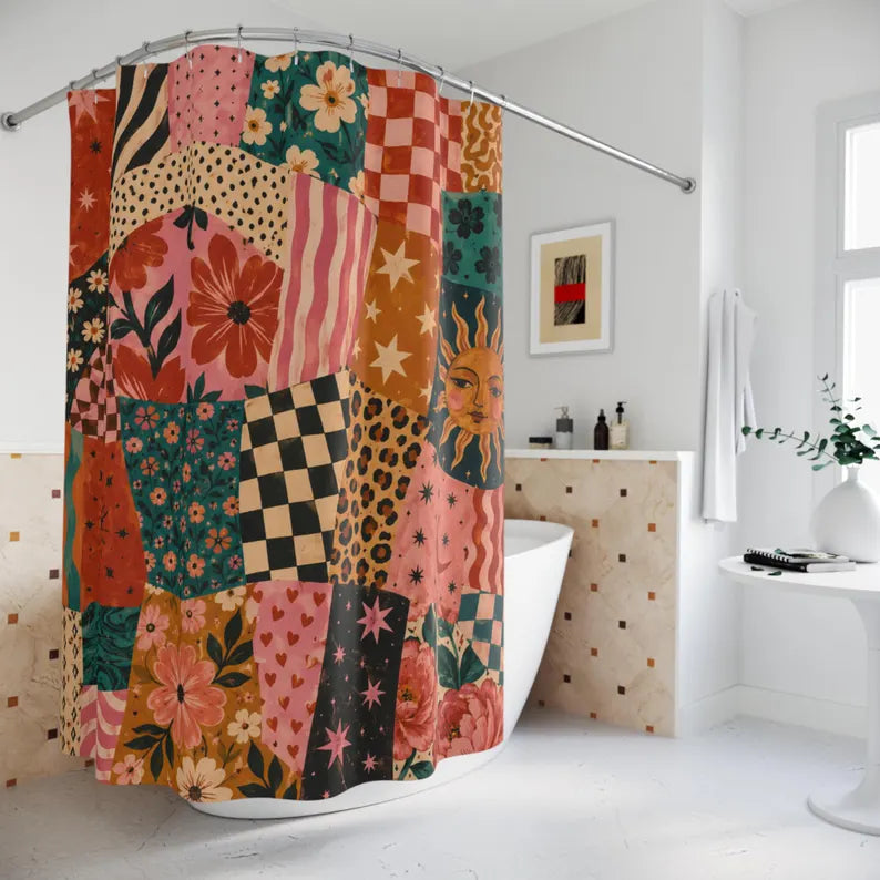Maximalist Patchwork Shower Curtain - Eclectic Floral Checker Funky Bath Decor