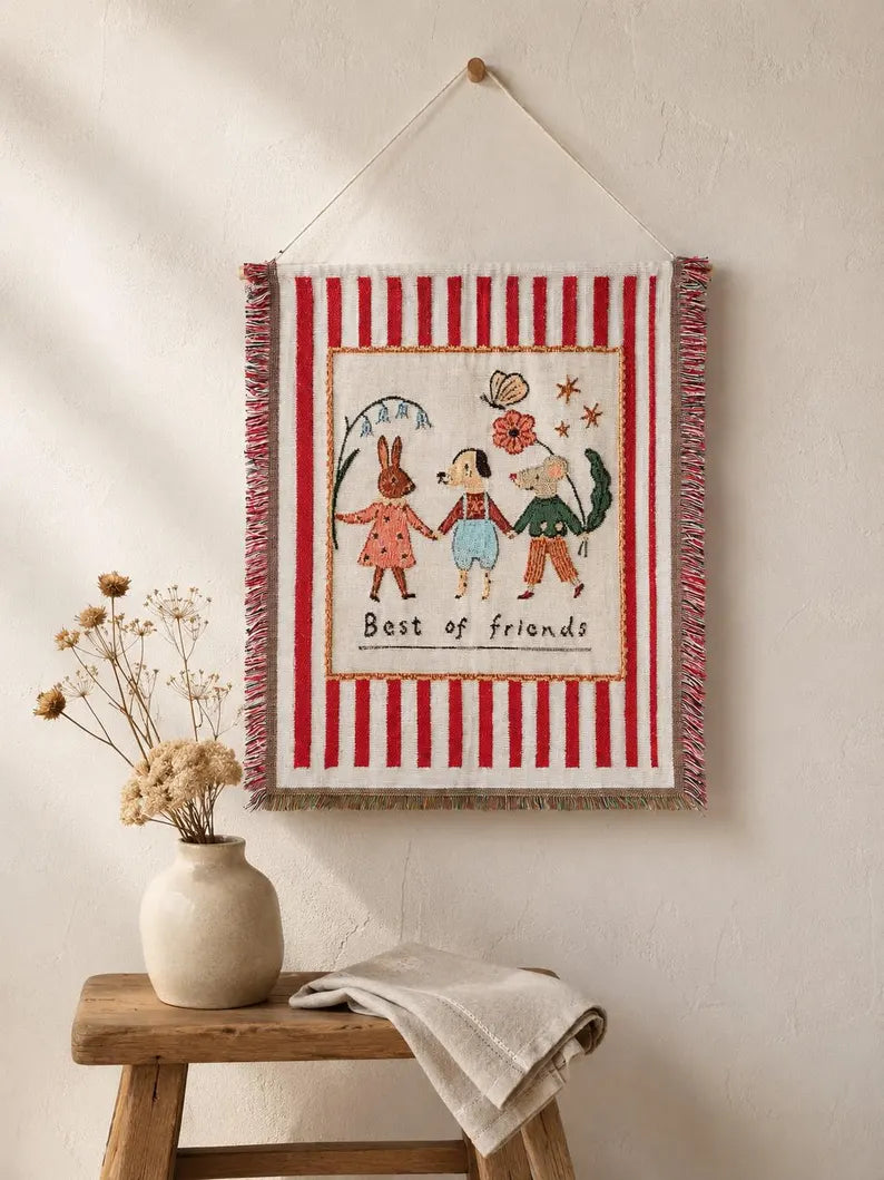 Cute Animal Best Friends Woven Wall Tapestry | Cozy Cottage Textile Wall Hanging & Boho Nursery Gift