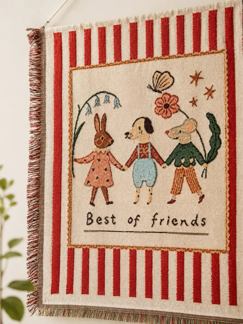 Cute Animal Best Friends Woven Wall Tapestry | Cozy Cottage Textile Wall Hanging & Boho Nursery Gift