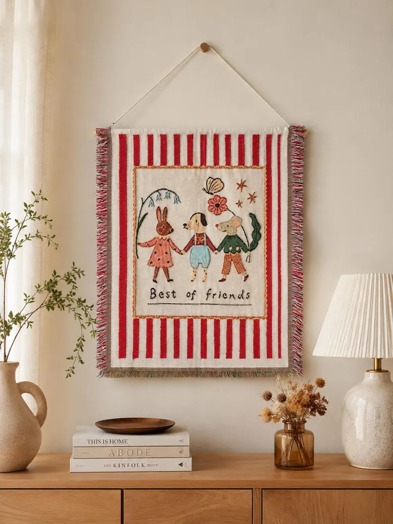 Cute Animal Best Friends Woven Wall Tapestry | Cozy Cottage Textile Wall Hanging & Boho Nursery Gift