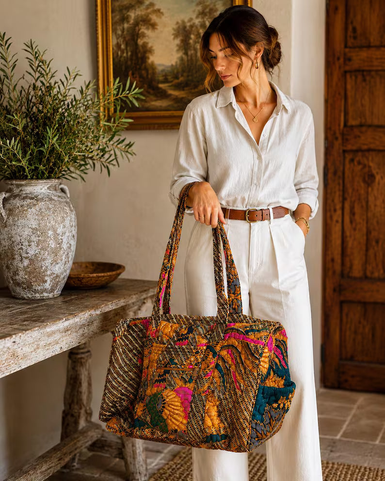 Quilted Duffle Bag: 100% Cotton Batik Patchwork Artisan Travel Weekender