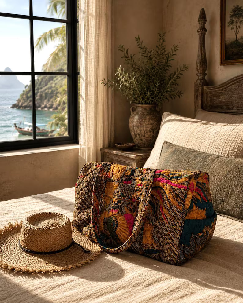 Quilted Duffle Bag: 100% Cotton Batik Patchwork Artisan Travel Weekender