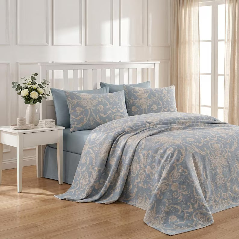 Bedding Sets Premium: Canvas Blue Patterned Double Bed Pique & Summer Quilt Set