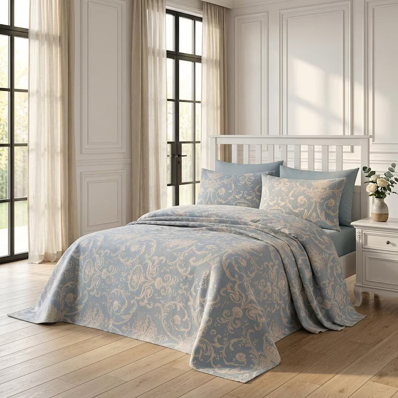 Bedding Sets Premium: Canvas Blue Patterned Double Bed Pique & Summer Quilt Set