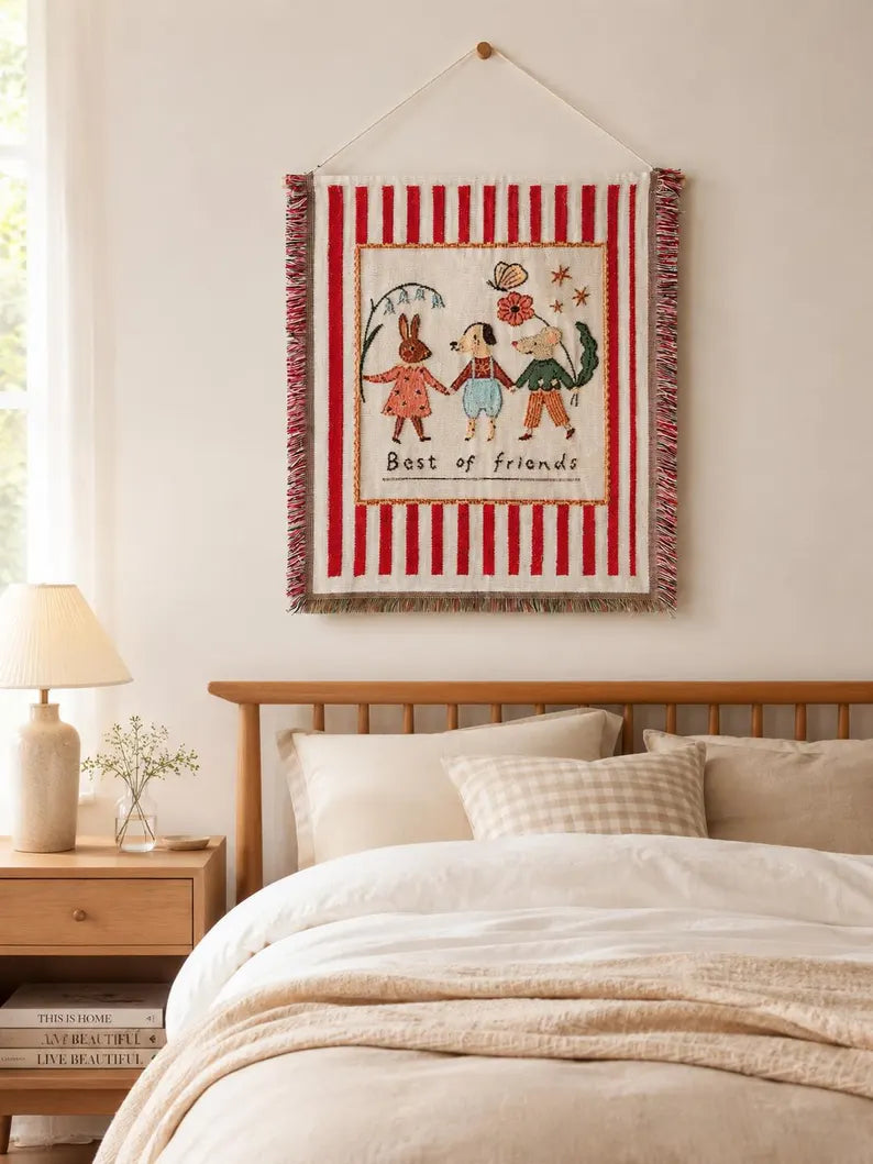 Cute Animal Best Friends Woven Wall Tapestry | Cozy Cottage Textile Wall Hanging & Boho Nursery Gift